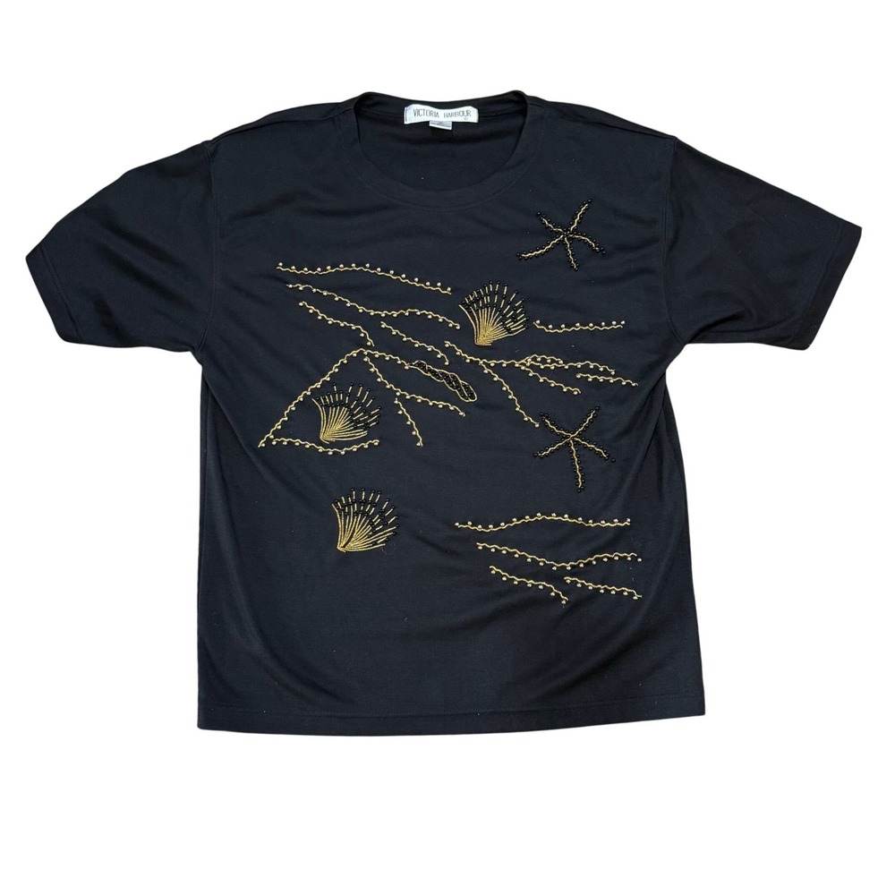 Victoria Harbour Beaded Seashell Tee Black Short Sleeve Women's M